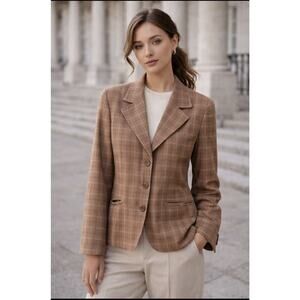 Talbots Silk Linen Blazer 12 Brown Plaid Equestrian Preppy Old Money Jacket